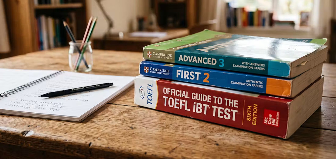 Připravené knihy FCE, CAE a TOEFL na přípravu ke zkouškám