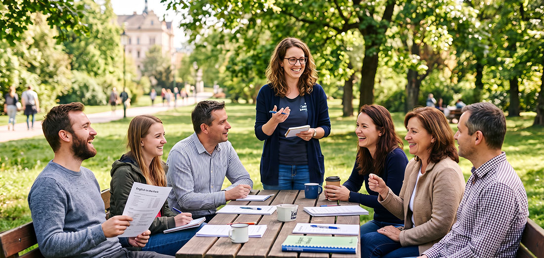 Dvojice studentů při skupinové lekci angličtiny